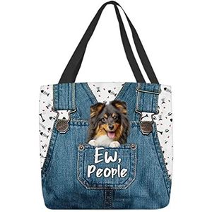 177 Dagelijkse tas Ew People Shetland Sheepdog On Denim Overall Botten Harten Poten Naadloze Shopper Bag Milieuvriendelijk koord Tote Bag Gepersonaliseerde Boodschappentas voor dagelijks gebruik,