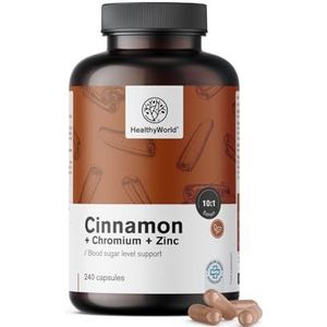 HealthyWorld Kaneel met Chroom en Zink – 240 Plantaardige Capsules – Vegetarisch – Hoge Dosering – 4‑maandvoorraad – Topkwaliteit – 3 Actieve Ingrediënten – Ondersteuning van de Bloedsuikerspiege