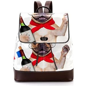 Gepersonaliseerde Schooltassen Boekentassen voor Tiener Franse Bulldog met Rode Wijn Baret Hat, Meerkleurig, 27x12.3x32cm, Rugzak Rugzakken