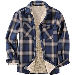 Vrijetijdshemden voor heren, geruit, houthakkersjas, opstaande kraag, hemd, gevoerd, met flanel, outwear, vrije tijd, vrachtjas, dubbele borstzak, buttoned shirt, marineblauw, L