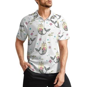Grappige kat zeemeermin heren golfpoloshirts klassieke pasvorm korte mouw T-shirt bedrukt casual sportkleding top S