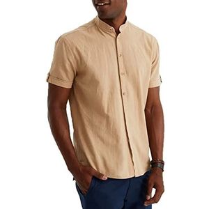 Leif Nelson Linnen overhemd voor heren, zomer, korte mouwen, Henley-hemd voor vrije tijd en business/gemengd van linnen en katoen/regular fit, beige, M