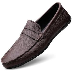 Loafers for heren Lederen Penny Loafer met ronde neus Comfortabele antislip Flexibele bruiloftsmode instappers(Brown,40 EU)