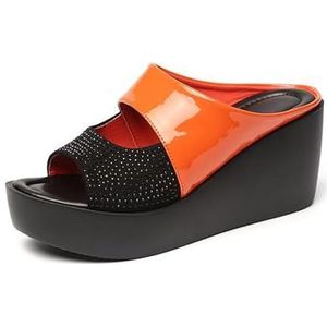 Retro Sleehak Pantoffels for Dames Zomer Peep Toe Sandalen Met Strass Comfort Platform Pantoffels Indoor Outdoor Pantoffels Elegante Pantoffels Vrijetijdsstrandschoenen(Color:Orange,Size:36 EU)