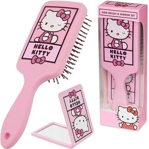 Hello Kitty Sanrio Haarborstel en spiegelset voor meisjes vrouwen, Kuromi Cinnamoroll Paddle Brush Detangler Kawaii vouwspiegel, anime geschenken voor haar (Hello Kitty Brush & Mirror)