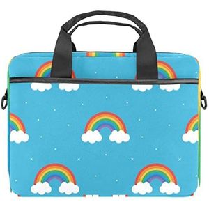 Kerst Eenhoorn Flamingo Dinosaurus Zwaan Alpaca Laptop Schouder Messenger Bag Crossbody Aktetas Messenger Sleeve voor 13 13.3 14.5 Inch Laptop Tablet Beschermen Tote Tas Case, Leuke kleurrijke regenboog wolken blauwe achtergrond, 11x14.5x1.2in /28x36.8x3 cm