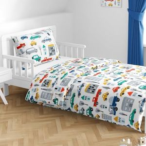 MTOnlinehandel - Kinderbeddengoed - 100 x 135 cm - 100% Katoen - Vrolijk Kleurrijk Voertuigen Design