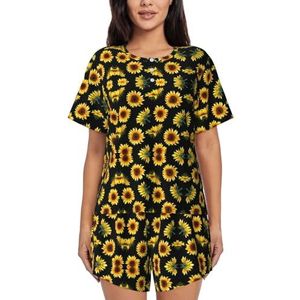 JIAWUJYNB Zonnebloem bloemen planten zwart-gele print dames pyjama set korte mouwen - comfortabele korte sets, mouwen nachtkleding met zakken, Zwart, XL