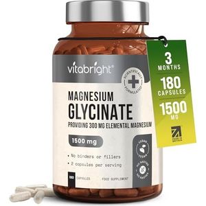 VitaBright Magnesium Glycinate | 180 Capsules | 2 A Day | 1500mg Mag Bisglycinate | 300mg Elemental Mag | High Strength Magnesium Supplements for Women - Men - Adults
