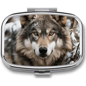 Lmage of Wolf in The Snow Pillenetui met 2 compartimenten, pillenorganizer, draagbare vierkante pillendoos, vitaminepillenorganizer voor portemonnee en reizen