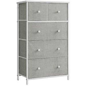 Songmics LTS514L10 Commode, opbergkast, 5 stoffen laden, voor hal, woonkamer, lichtgrijs-wit