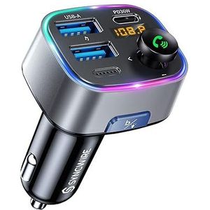 SYNCWIRE Bluetooth 5.3 FM-zender voor Auto, 48W Max Dubbele USB-Autoladeradapter, Draadloze radio-ontvanger, Handsfree Bellen, Ondersteuning voor Muziekspeler 64G Drive met Lichtschakelaar, Grijs
