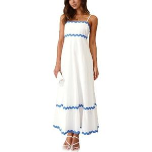 Dames zomer maxi-jurk casual boho mouwloze spaghettibandjes gesmokte lange strandzonjurken(Color:Blue White A,Size:Large)