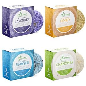 Solide shampoobar en conditioner effect haarzeep - 4 stuks natuurlijke shampoobars voor haar met plantaardige etherische oliën en milieuvriendelijke biologisch afbreekbare verpakking zonder afval