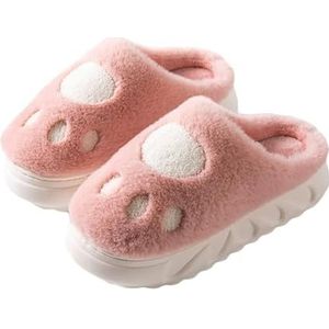JadeRich Damesmode dikke zool pluche pantoffels schattige kat poot fuzzy gewatteerde winter huis schoenen indoor outdoor, roze, 5/6 UK