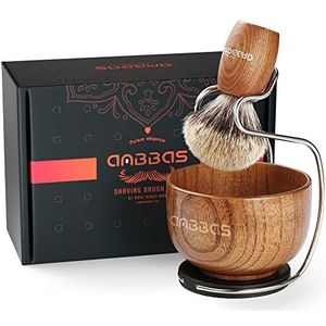 Anbbas Pure Badger Haar Scheerkwast Houten Handvat en Grote Zeepkom met Roestvrij Staal Scheren Stand 3in1 Kit voor Mannen