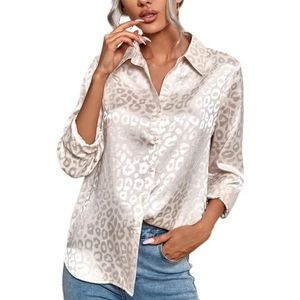 KCLEE Dames lange mouw knoopjes overhemden V-hals blouses dames V-hals blouse lange mouwen shirts casual elegante shirts luipaard jacquard tops lange mouw dames blouse revers knop lange mouw shirt met lange mouwen, C-abrikoos, XXL