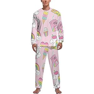 Leuke pastel eenhoorn en dessert zachte heren pyjama set comfortabele lange mouwen loungewear top en broek geschenken S