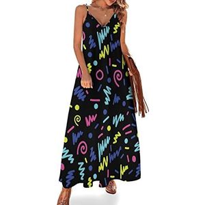 80's Memphis Maxi-jurk voor dames, zomer, V-hals, mouwloos, spaghettibandjes, lange jurk