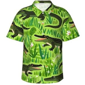 Hawaiihemd voor heren, strand, korte mouwen, button-down-shirt, zomer, strand, tops met zak, S-3XL, Crocodiles Grass Green, S