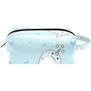 Blauwe Haai Lederen Cosmetische Pouch Bag Met Handvat, Waterdichte Vierkante Toilettas Reistas, Kleine Potlood Case voor Dames Heren Meisjes Kids