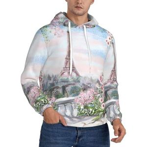 JEJEA Paris Eiffeltoren met bloemenprint heren sweatshirt capuchon trekkoord hoodies trui lange mouwen trui voor dagelijks gebruik, Zwart, S