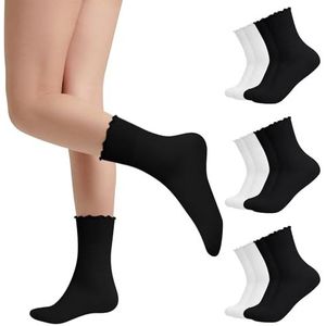 3 paar Ruffle sokken voor dames, casual, schattige enkelsokken, ademend, gebreid, zacht, ruches, crew sokken, 6 paar - zwart + wit, One size