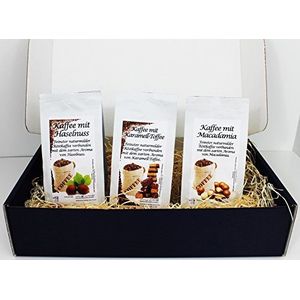 Geschenkset gearomatiseerde koffie hele bonen 3 x 200 g (hazelnoot, karamel en macadamia)