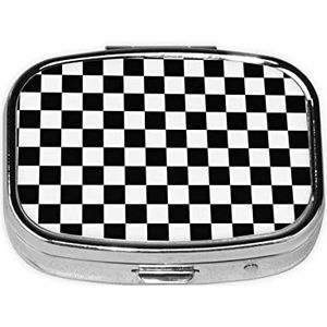 Mini vierkante pillendoos, medicijnorganizer, zwart-wit geruit, draagbare EHBO-doos, reispillendoos met 2 vakken, kleine pillendoos voor zak of portemonnee