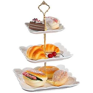 RVS mengkommen, 3-laags vierkante porseleinen serveerschaal taartbordstandaard dessertdisplay taartschotel voedselrek - wit (gouden staaf)(Color:Gold Rod)