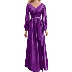 Prinses Bruidsmeisje Jurken Lange Mouw Galajurken V-hals Satijn Formele Avondfeest Maxi Jurk ZM200, Paars, 32