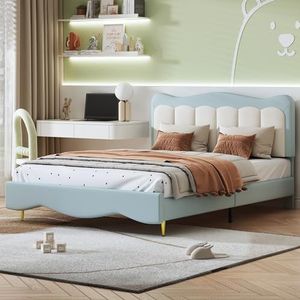 VSOGA Kinderbed, gestoffeerd bed, 140 x 200 cm, PU-leer, schattig jongens-meisjesbed, lichtblauw, lattenbodem (matras niet inbegrepen)
