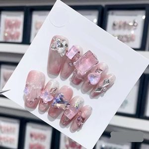 Verwijderbare en draagbare nail art Franse amandel Ombre handgemaakte pers op nagels Lange acryl valse nageltips InNail (Color : 29186, Size : XS)