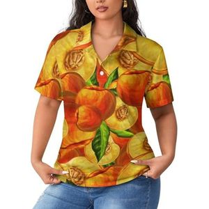 Perzik Fruit Patroon Dames Korte Mouw Poloshirts Casual Kraag T-shirts Golfshirts Sport Blouses Tops 2XL