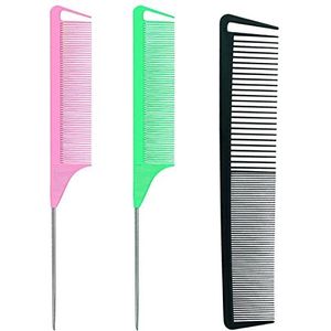 3 stuks rattenstaartkammen voor vlechten, kapperskammen, koolstofvezelkammen, roestvrijstalen kammen voor dames en heren, haarverzorgingsgereedschap (zwart, roze, groen)
