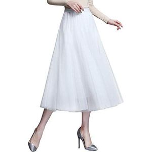 Dames tule rok midi plooirok hoge tailleband chique rok elastische taille gedrapeerde stof, wit, 36-40