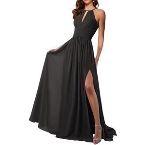 Chiffon bruidsmeisjesjurk voor dames, voor bruiloft, prinses, baljurken met split, cocktailjurk, grote maten, Zwart, 32