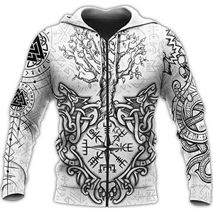 Nordic Compass Wolf Tattoo Mens Viking Zip Sweatshirt, Noorse Mythologie Tree Of Life Hoodie Met Lange Mouwen, 3D Digital Print Unisex Fall Harajuku Casual Pullover