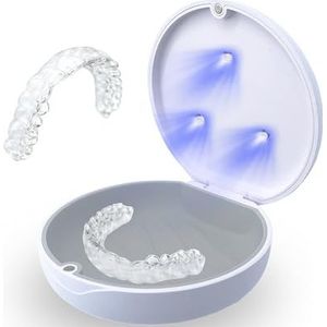Hello Bright Retainer Case & UV Cleaner - Draagbare Tandheelkundige Houder voor Invisalign, Mondbescherming, Aligners, Kunstgebitten, Nachtwacht - Wit & Grijs, Wit + Grijs, Modern design