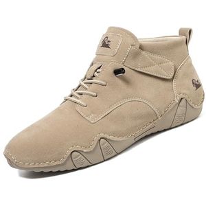 Men's Casual Italian Handmade High Top High Boots Slip-ons Suede Leather Driving Chukka Booties Outdoor Non-Slip Shoes (Color : Khaki, Size : EU 48)