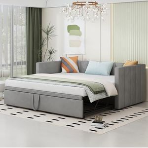 Moimhear Gestoffeerd bed, uittrekbare slaapbank, 90/180 x 200 cm, met lattenbodem, multifunctioneel bed van huidvriendelijk fluweel, grijs