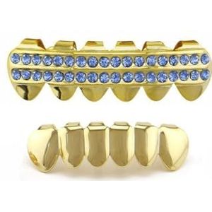 Blauw Vergulde 2 Rijen Iced Out Sieraden Tandengrills Unisex Cadeau Mode Goudkleurige Boven- en Onderkant Tandkappen Hiphop Decoratie