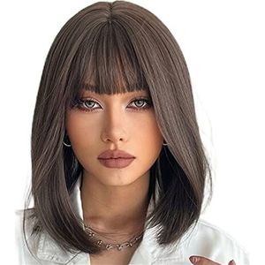 DieffematicJF Pruik Dark Brown Synthetic Wig Short Wig Straight Hair With Bangs Daily Use Women Cosplay Heat Resistant