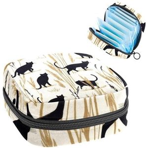 Opbergtas voor maandverband, zwarte katten die in het gras lopen, draagbare maandverband, inlegkruisjes, tampons, maandverband, opberghouder voor vrouwen, school, kantoor