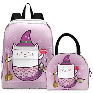 Schattige paarse kat zeemeermin heks boekentas lunchpakket set schouderrugzak boektas kinderrugzak geïsoleerde lunchboxtas voor meisjes jongens
