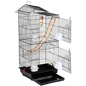 Yaheetech Vogelvolière voor kanarijen, vinken, golfkippenkooi zwart, vogelkooi 46 x 35,5 x 99 cm, vogelhuis met klimspeelgoed