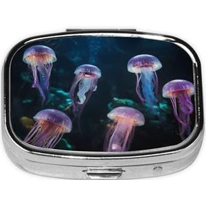 Stijlvolle vierkante pillendoos kleur kwallen metalen pillendoos 2 compartimenten medicijnpillenhouder houder, draagbare pillenorganizer doseerdoos, kleine pillendoos voor op reis voor portemonnee en