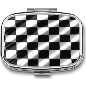 Pillendoos 2 compartimenten pillenorganisator zwart wit ras geruite vlag reizen pillenetui met spiegel vierkante metalen pillencontainer wekelijkse geneeskunde planner vitamine organizer voor zak