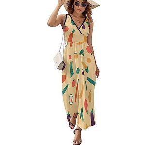 Maxi-jurk met groente en fruitpatroon voor dames, mouwloos, lange zomerjurken, strandjurken, A-lijn, S
