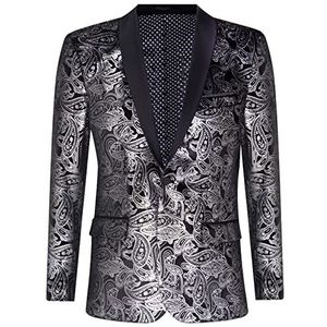 Mens klassieke zilveren Paisley zwart fluwelen smoking diner jas op maat gemaakte blazer, Zwart Zilver, 52